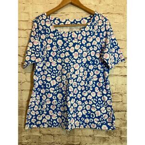 Kim Rogers Top Womens Medium Perfectly Soft Blue Animal Print Scalloped Edges